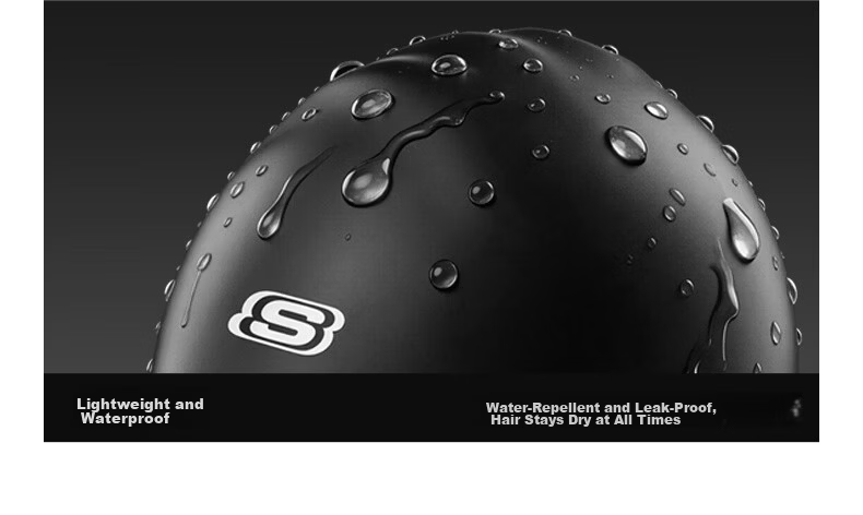 Skechers Unisex Silicone Swim Cap Non-Slip Waterproof Comfortable Long Hair Adult Swimming Cap Matte Black 20