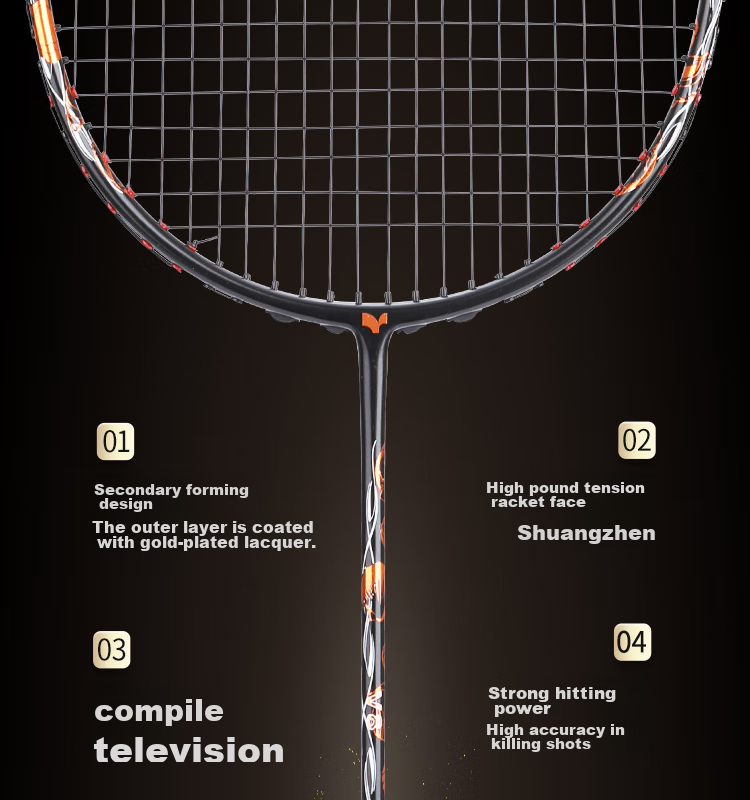 Yodiman Secondary-Shaped Black Gold Badminton Racket, 4U Full Carbon V8 Single Racket (Pre-Strung) 4