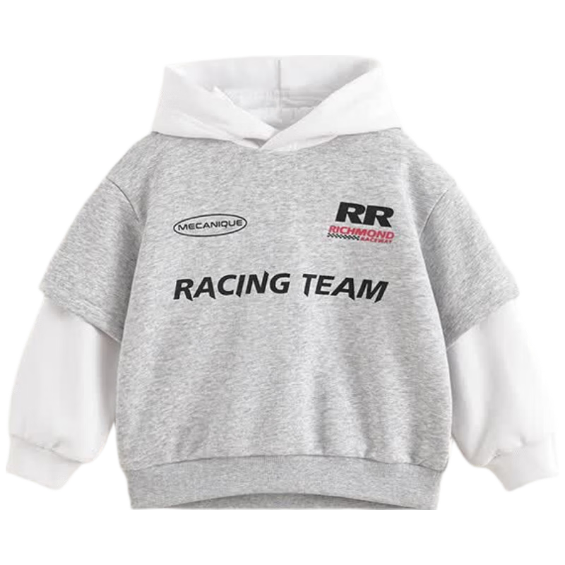 MARC&JANIE Boys' Trendy Cool Racing Faux Two-Piece Hoodie, Children's Hooded Top, Spring 2025 Collection, 250050