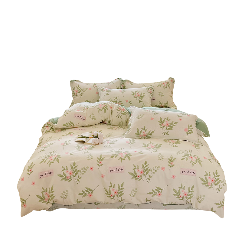 Hongdou 100% Pure Cotton Duvet Cover Single Piece 200x230cm Double Bed Cotton Quilt Cover with Green Floral Pattern