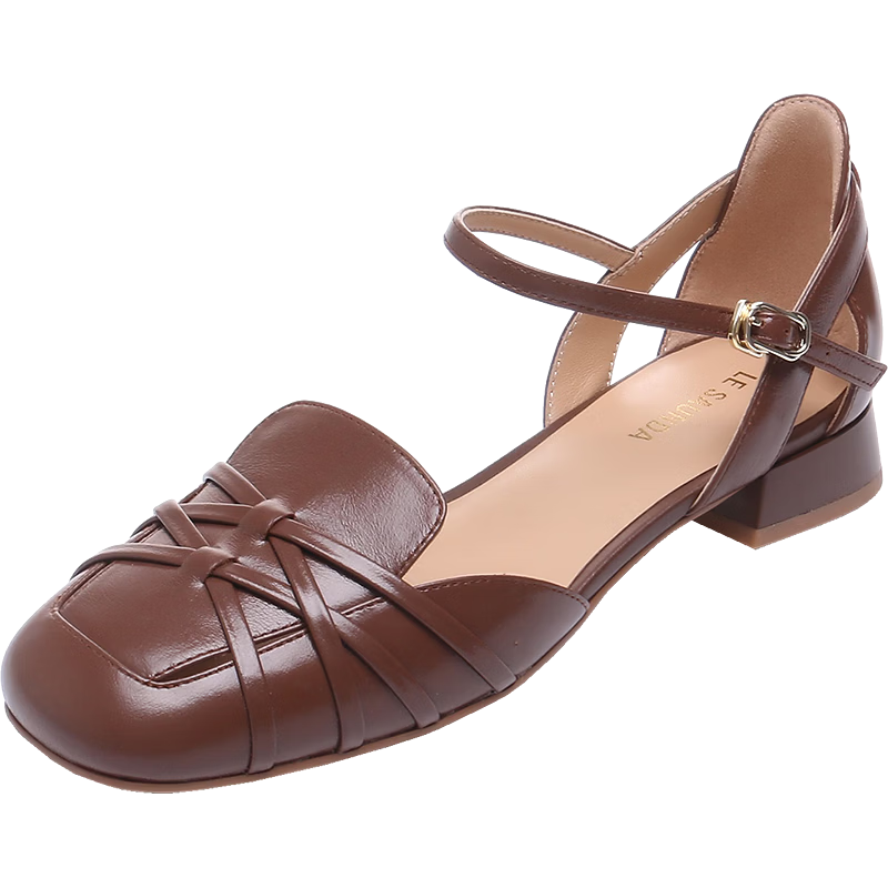 Laird & Dan 2026 Summer New Genuine Leather Chunky Heel One-Strap Roman Toe Mary Jane Sandals for Women 30902 Amber Brown