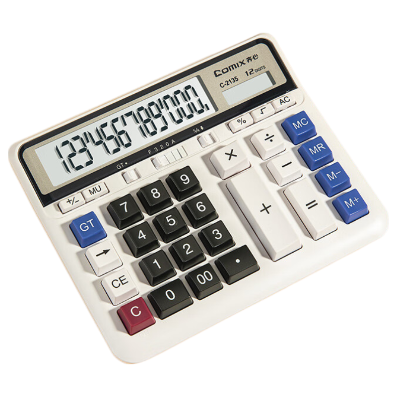 COMIX Dual Power Computer Keyboard Calculator, 12-Digit Large Screen Horizontal Display, Independent Memory for Decimals, Adjustable Financial/Banking Calculation, Office Supplies, White C-2135