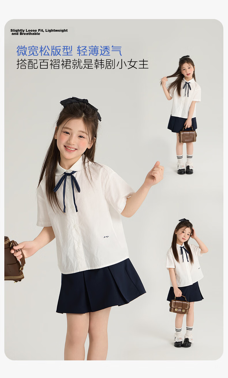 YOJIA Girls' Short Sleeve Shirt Summer Stylish School Style Kids' Top Children's Shirt 120 White 5