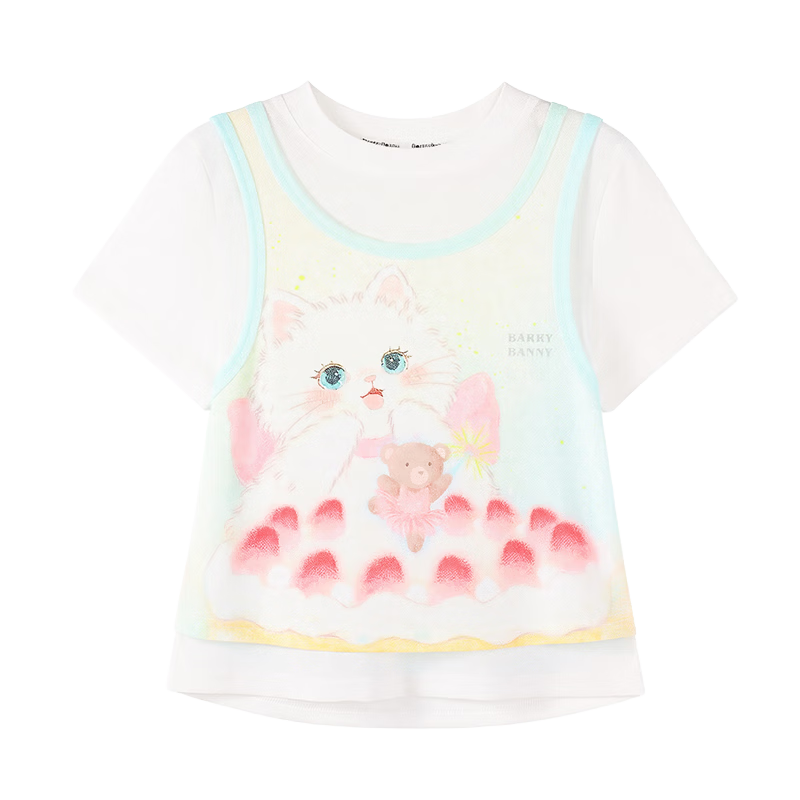 BARRY BANNY Girls' Short Sleeve T-Shirt Summer New Kids Round Neck Breathable Student Top 3037 Milk White Size 130