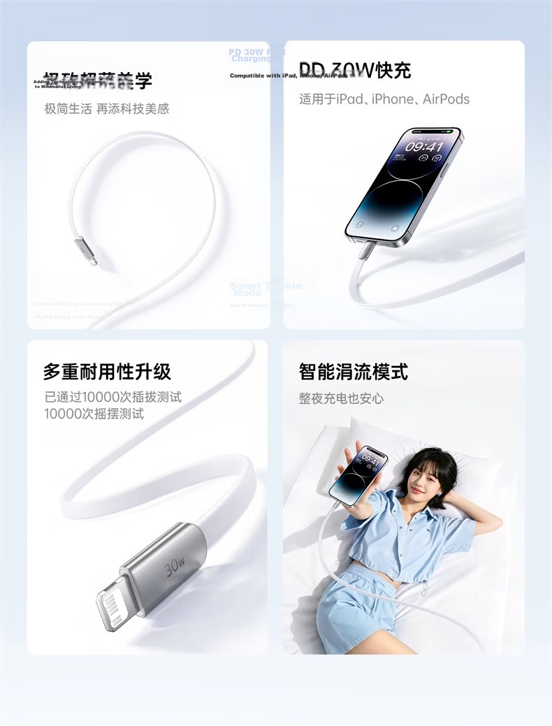 Baseus Apple Charging Cable PD30/20W Fast Charge Ultra-thin Type-C to Lightning Data Cable for iPhone 14/13 Pro Max/12 1.2m White 3