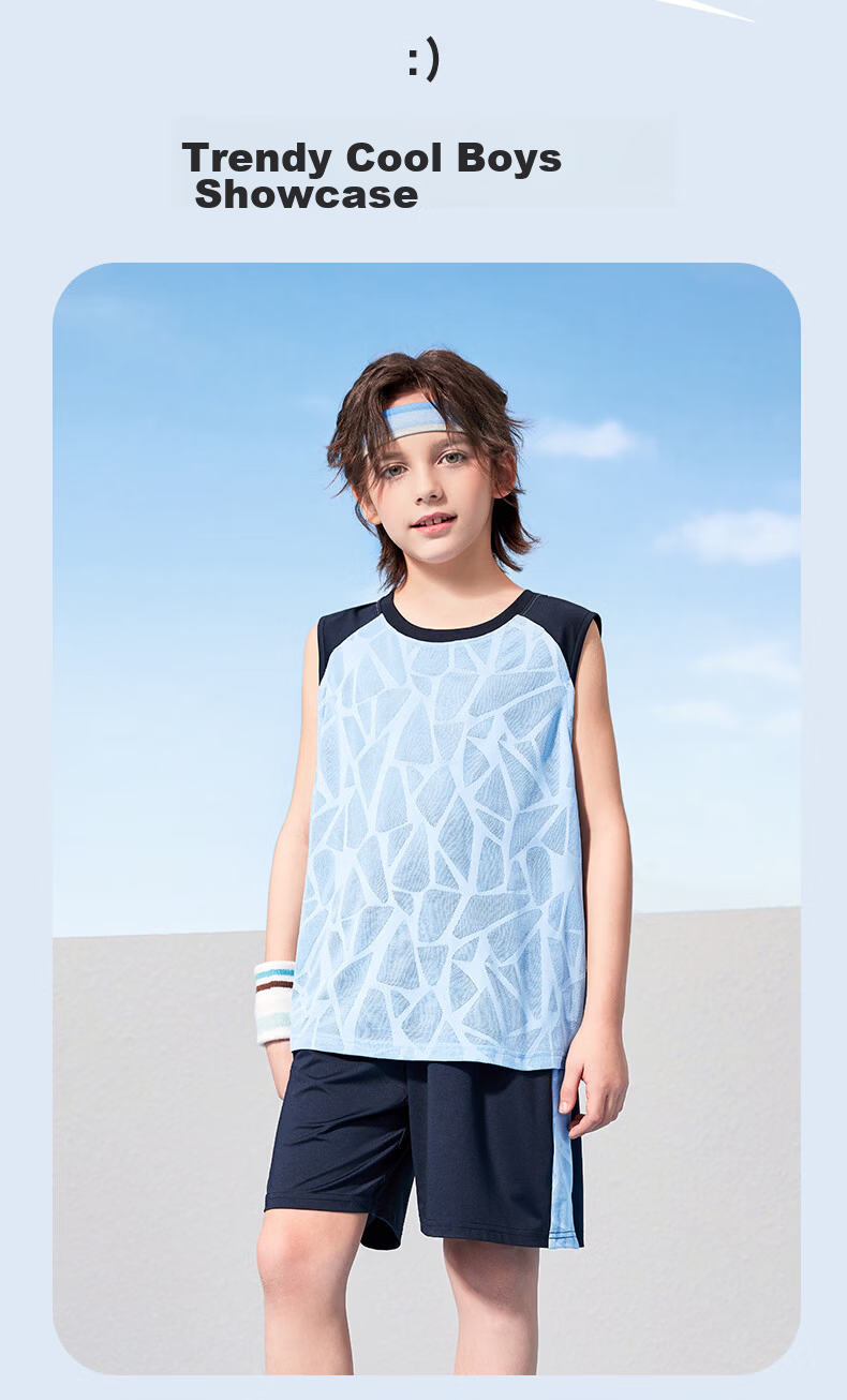 Mark Fairwhale Kids Boys Summer Outfit 2026 New Children's Sports Quick-Dry Two-Piece Basketball Set Blue 140 14