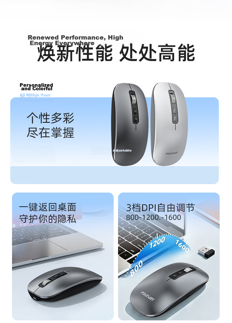 Founder Wireless Bluetooth Silent Mouse Dual Mode Rechargeable Slim Portable Business Office Home Tablet Laptop Desktop PC Mobile Universal W231 Metal Gray 2