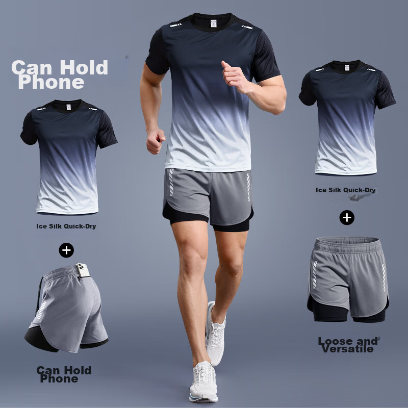 BURUITE Men's Running Sports Set Fitness Ice Silk Marathon Training Badminton Quick-Dry Summer Short Sleeve T-Shirt and Shorts