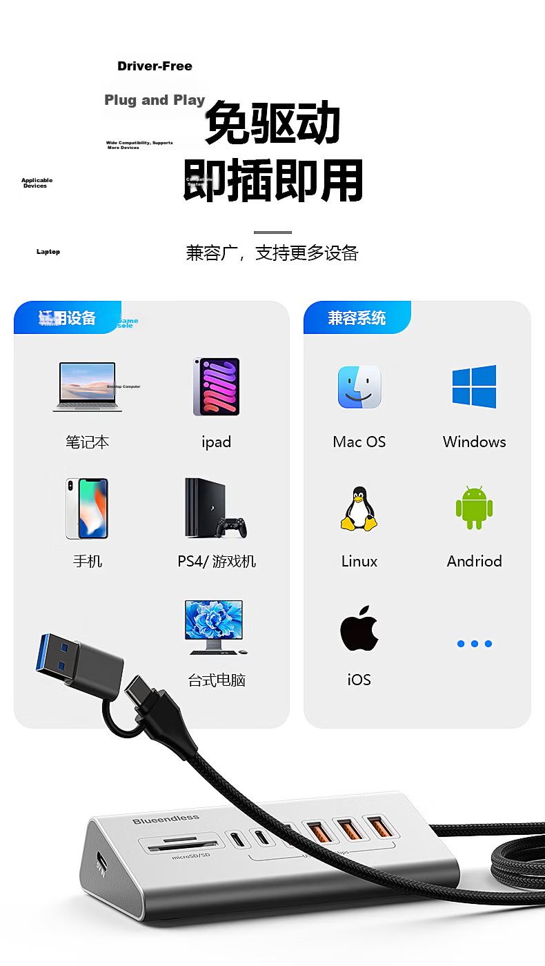 Lanshuo High-Speed USB Multi-Port Hub 10Gbps JD Self-Operated Laptop Desktop Splitter Desktop Type-C Docking Station Aluminum Alloy 1 Meter Cable 10