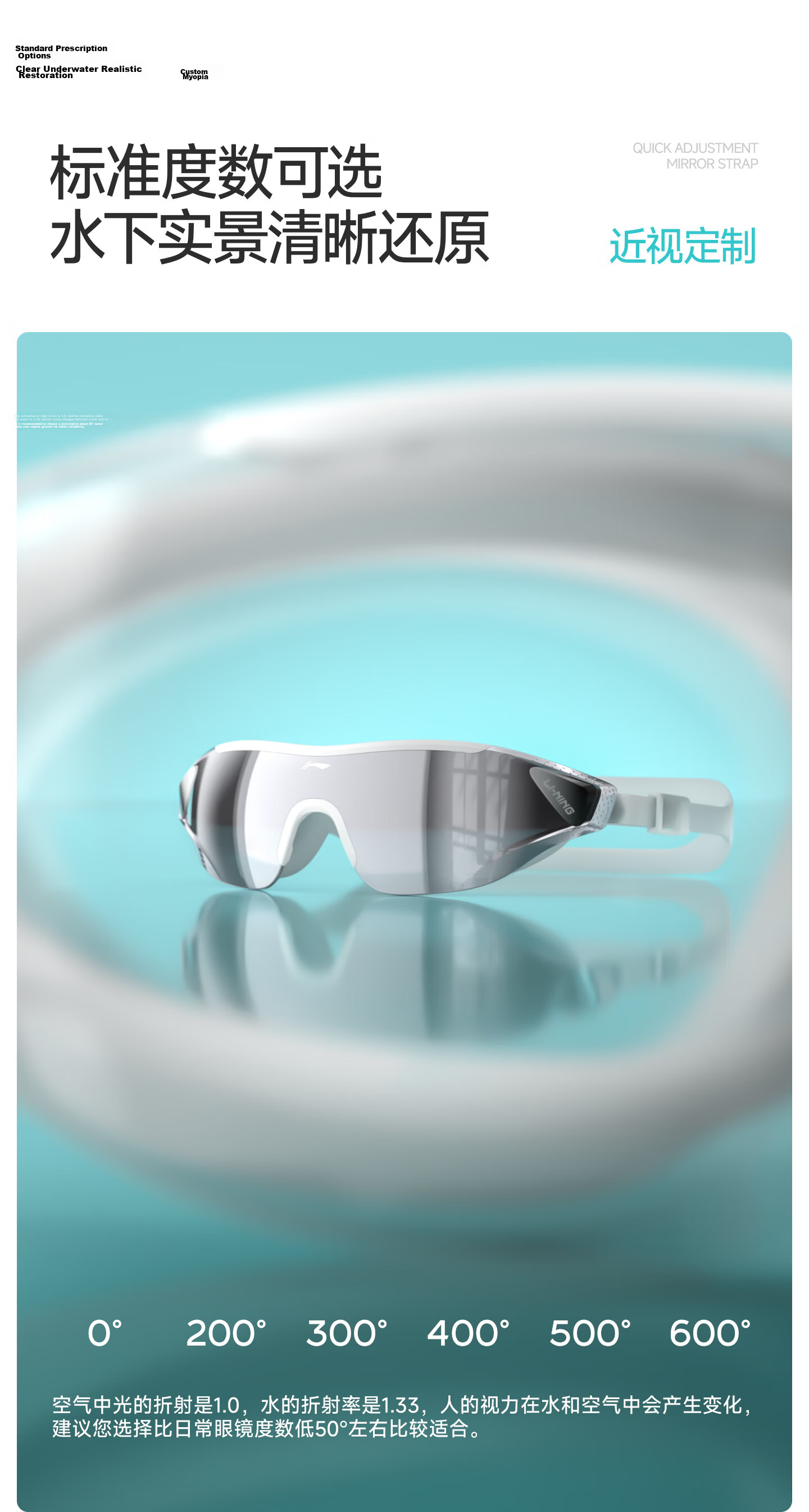 LI-NING Large Frame Swimming Goggles Unisex Comfortable HD Waterproof Anti-Fog Swim Glasses 356 White Plano 12