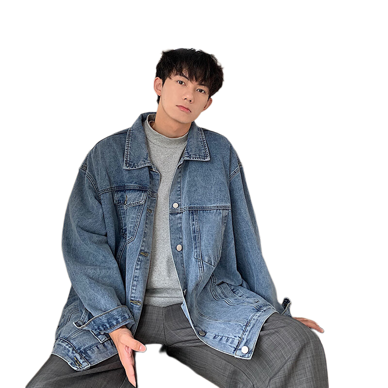 Foss Phil Men's Denim Jacket, Loose Casual Spring And Autumn Outerwear, Retro Trendy Brand Menswear HQ1204 Blue XL