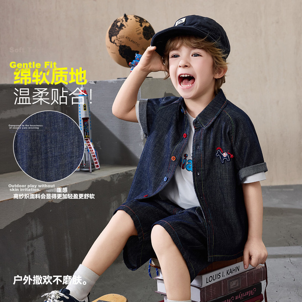 ASK JUNIOR Kids Summer Set New Boys' College Style Casual Versatile Denim Shirt and Shorts Toddler Two-Piece Set 4