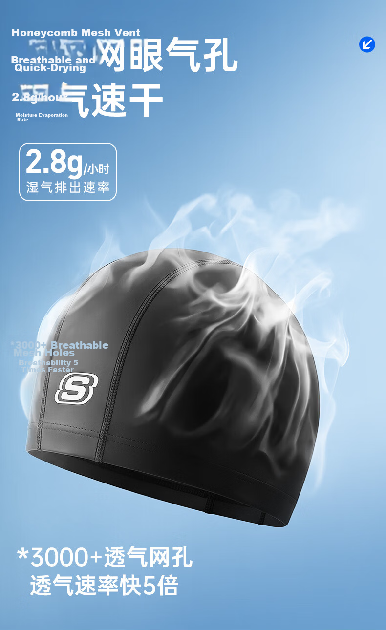 Skechers Swim Cap Unisex Long Hair Fashion Comfortable Fabric Ear Protection Non-Tight Non-Sticky Hair Swim Cap - Glossy Black 19