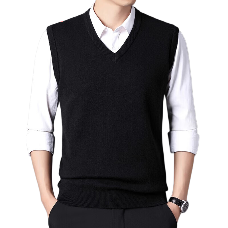 Hengyuanxiang Men's Knitted Vest Sleeveless Sweater Black XL Autumn Winter Thick Warm V-Neck Dad Style