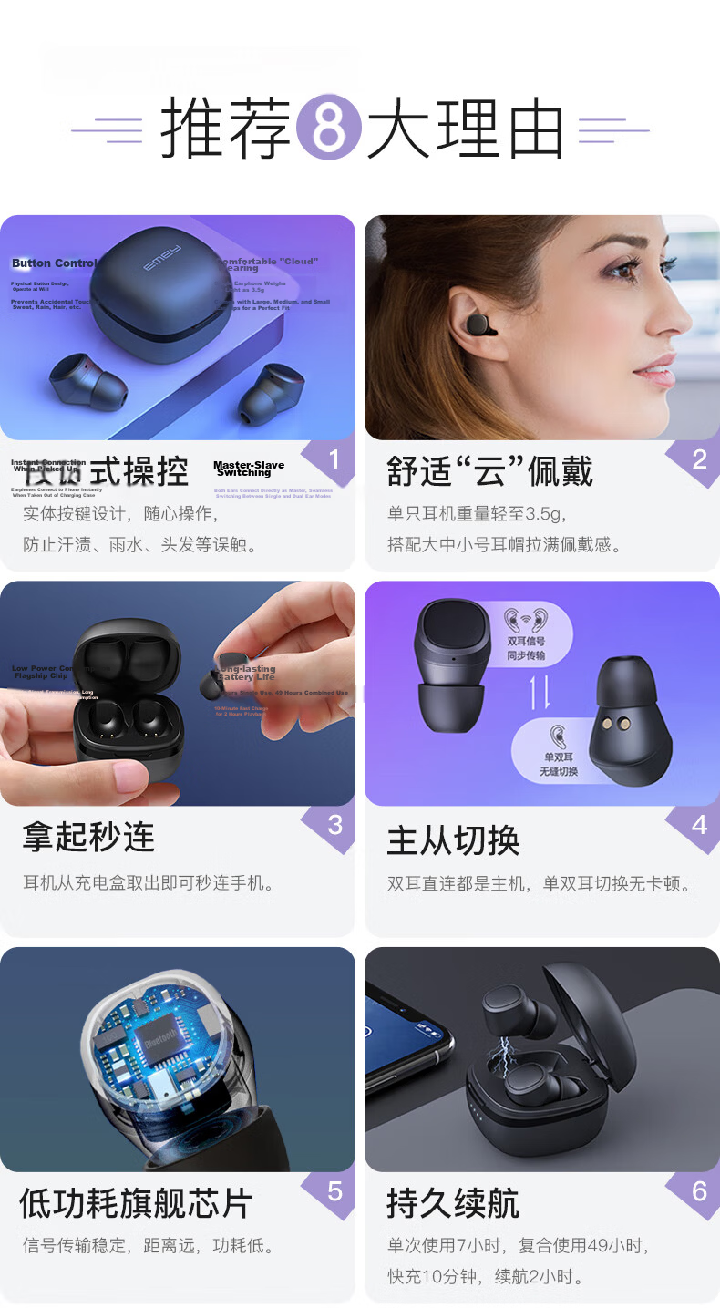EMEY [Fully Upgraded] T1X True Wireless Bluetooth Earbuds, In-Ear Bean-Style Music And Call Headphones with Low Latency, Bluetooth 6.0 Noise Reduction, Compatible with Apple, Huawei, Xiaomi, Black 1