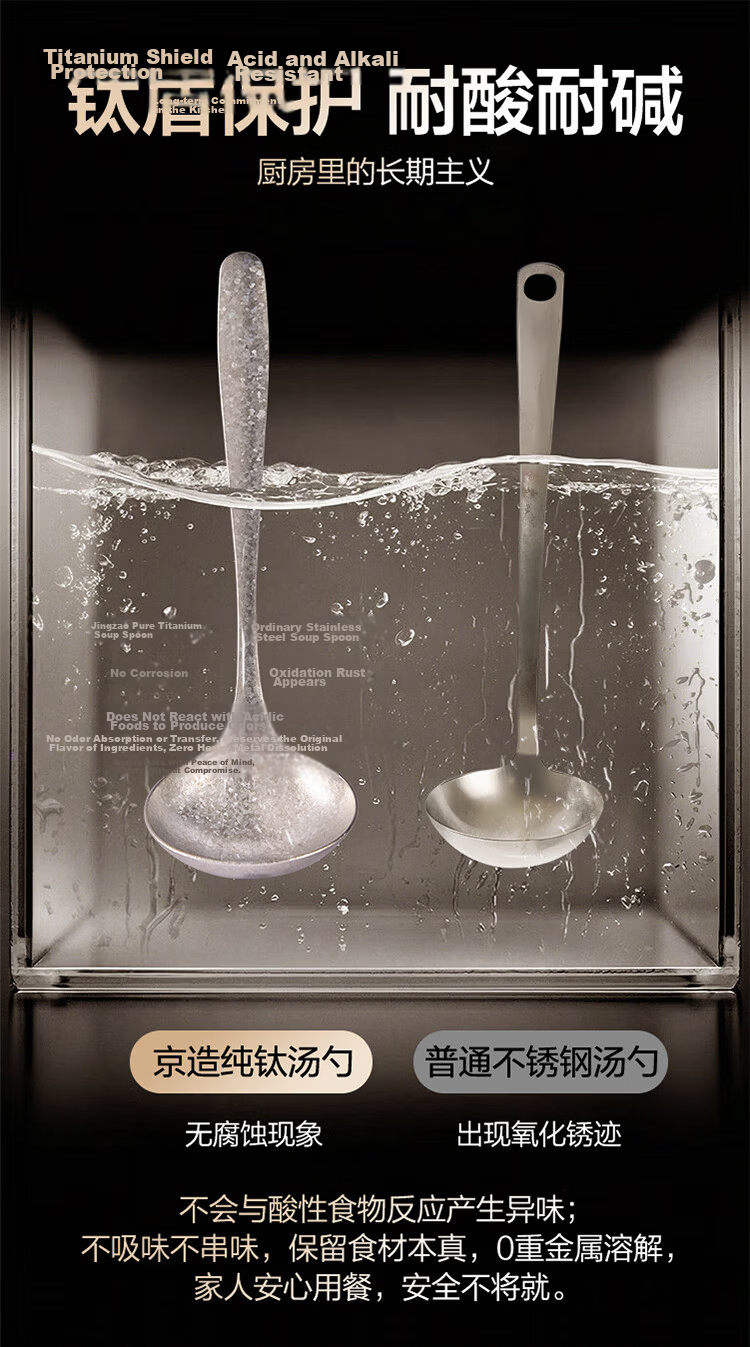 JD Jingzao 100% Pure Titanium Round Spoon Household Rice Spoon Soup Spoon Dessert Spoon Ladle Set of 2 Acid and Alkali Resistant 5