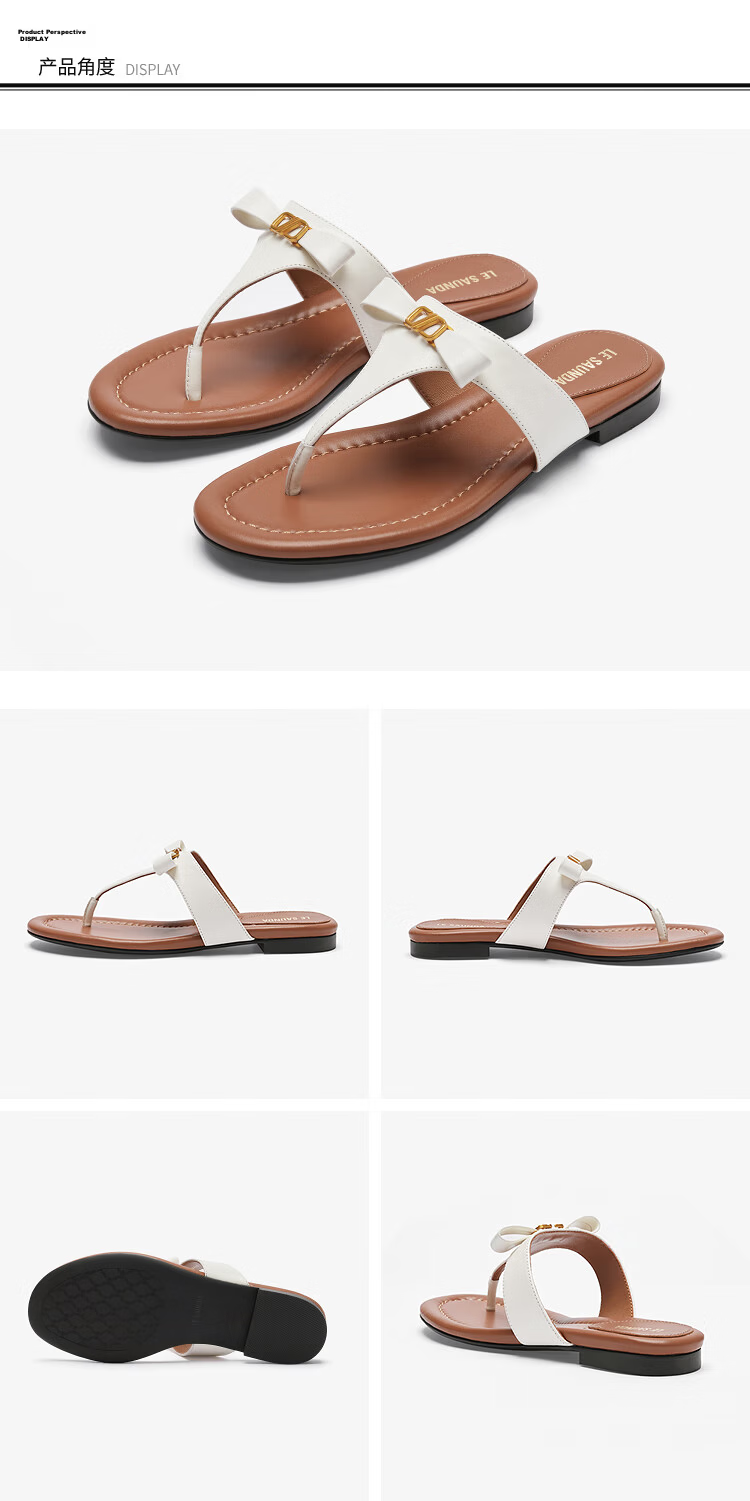 Le Saunda Fashion Genuine Leather Low Heel Outdoor Toe-Post Flip Flops 6M17901 Pear Blossom White OWL 38 10
