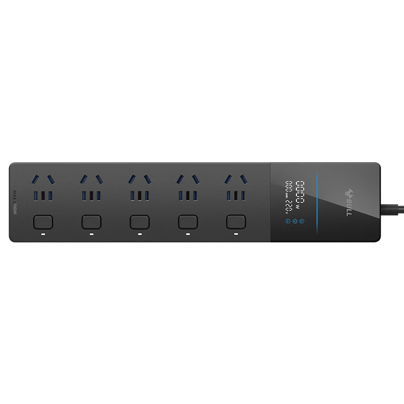 BULL Smart Digital Display Surge Protection Power Strip/Extension Cord/Power Bar/Power Strip/Power Board with 5 Individual Switches, Total Length 1.8 Meters GNV-UK105F