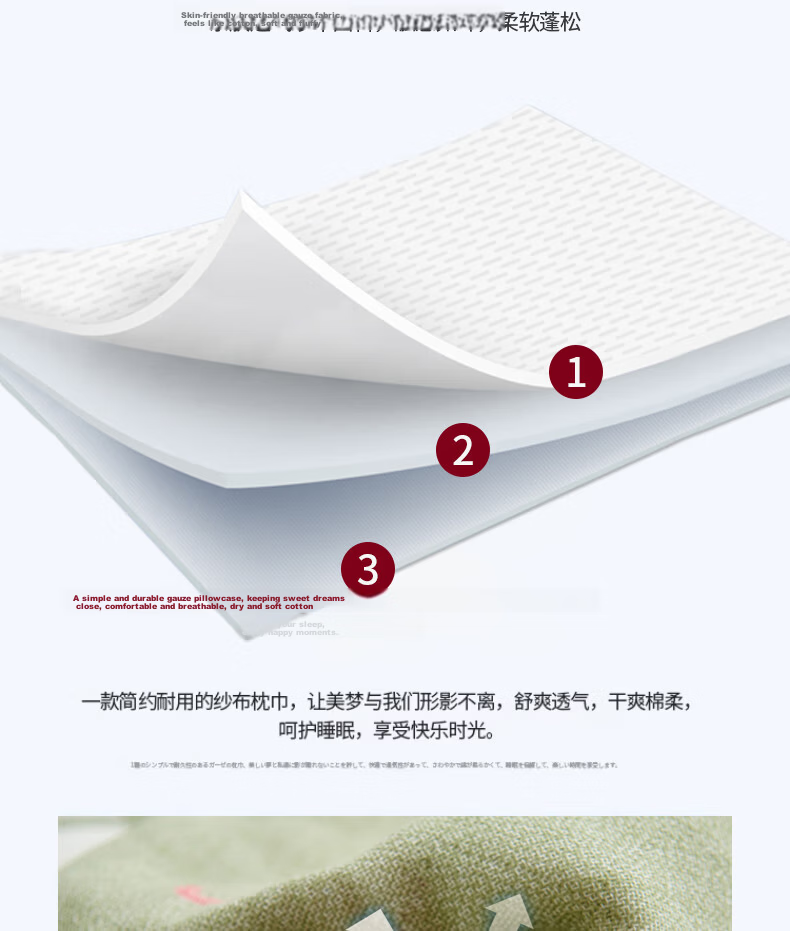 Hongdou Thickened Pillow Towel Three-Layer Gauze Anti-Slip Breathable Pillowcase Home Pillow Cover 52*78cm Summer Banana-Green 7