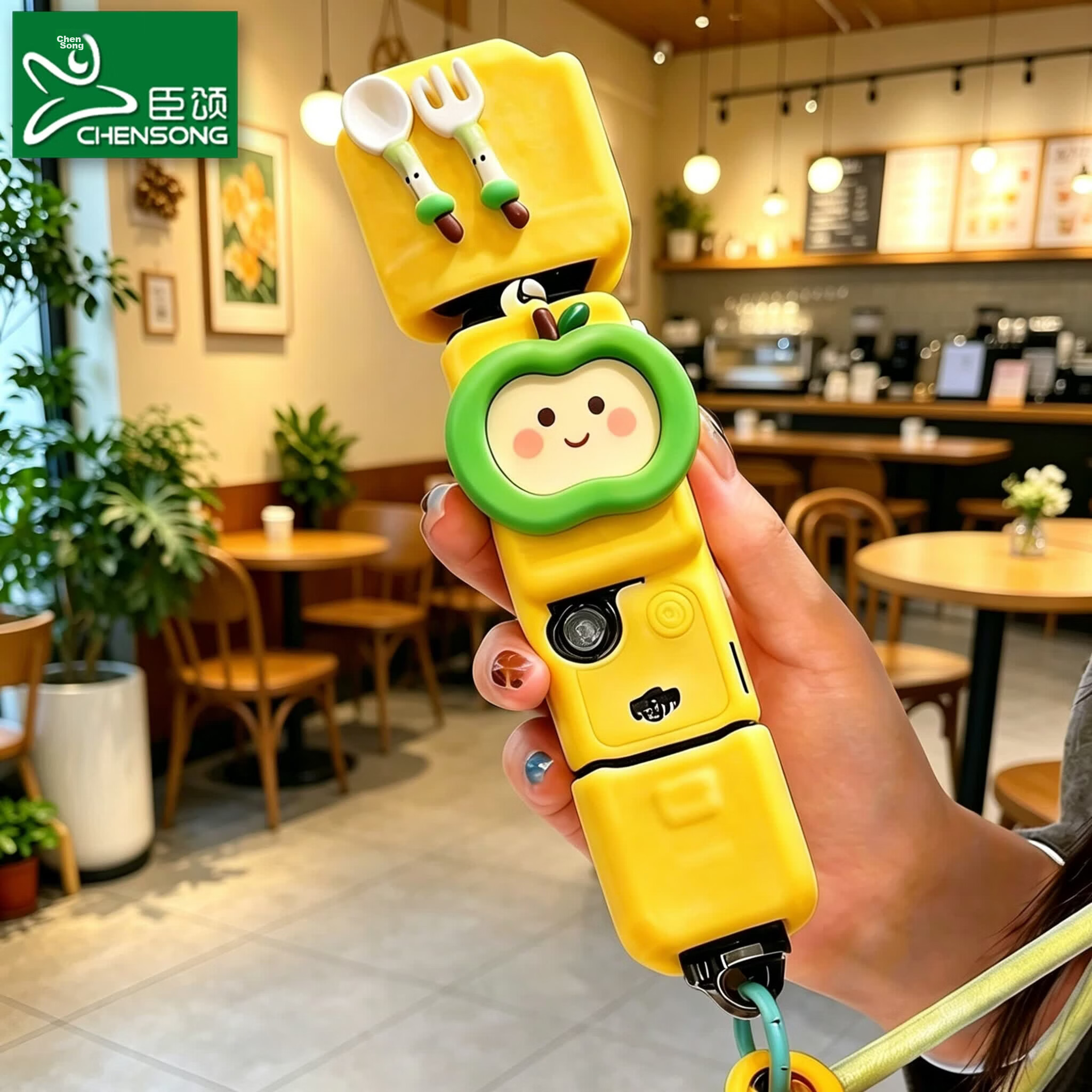 CHENSONG Green Apple Silicone Case and Lanyard Set for DJI Pocket 4, Personalized DIY, Compatible with Osmo Pocket 4 Standard/All-in-One Version, Anti-Bump Gimbal Camera Accessories