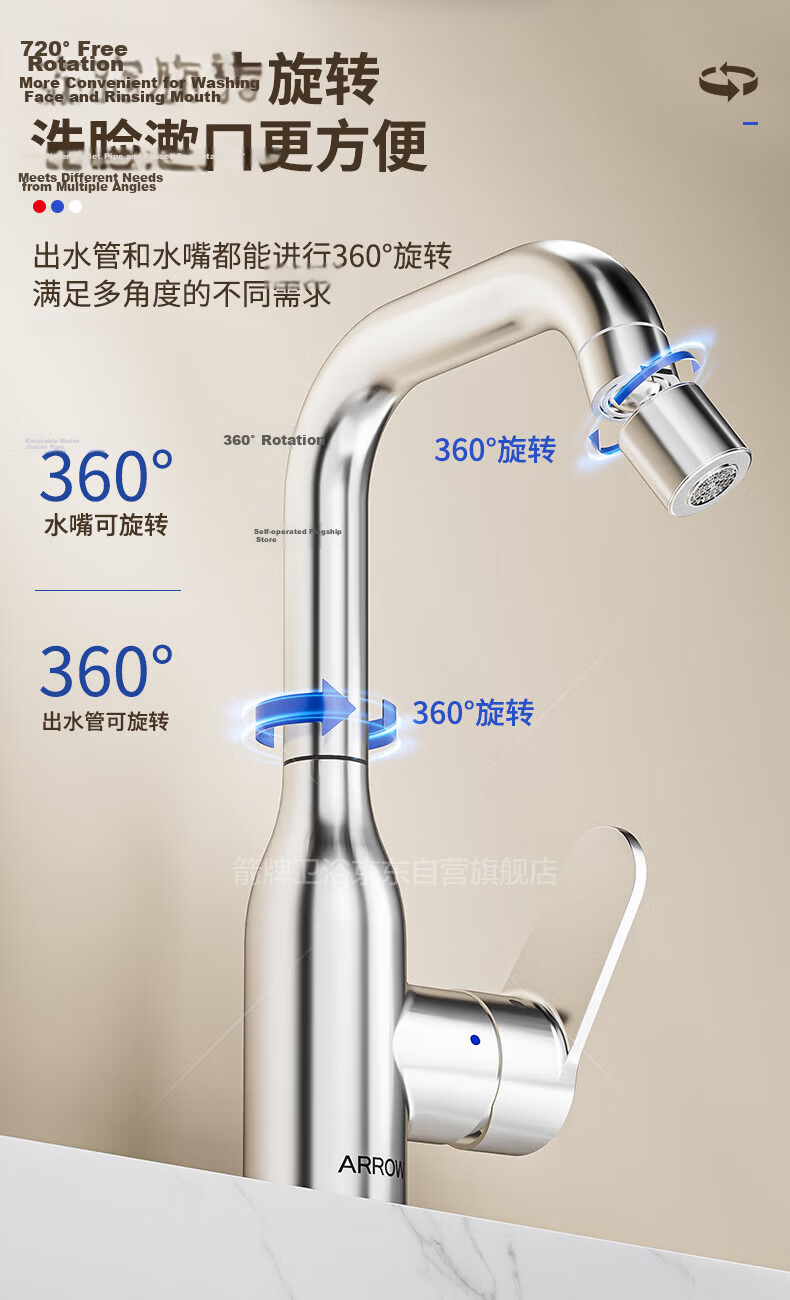 ARROW YJ Rotatable Dual-Flow Hot and Cold Bathroom Faucet for Washbasin and Vanity 6