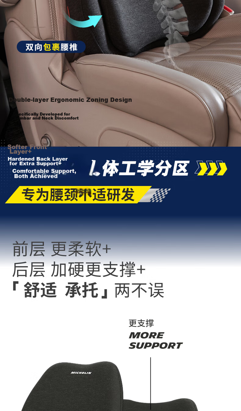 MICHELIN Double-Layer Car Lumbar Support Cushion Driver Seat Waist Pillow Car Lumbar Pad Headrest Back Support Device 3