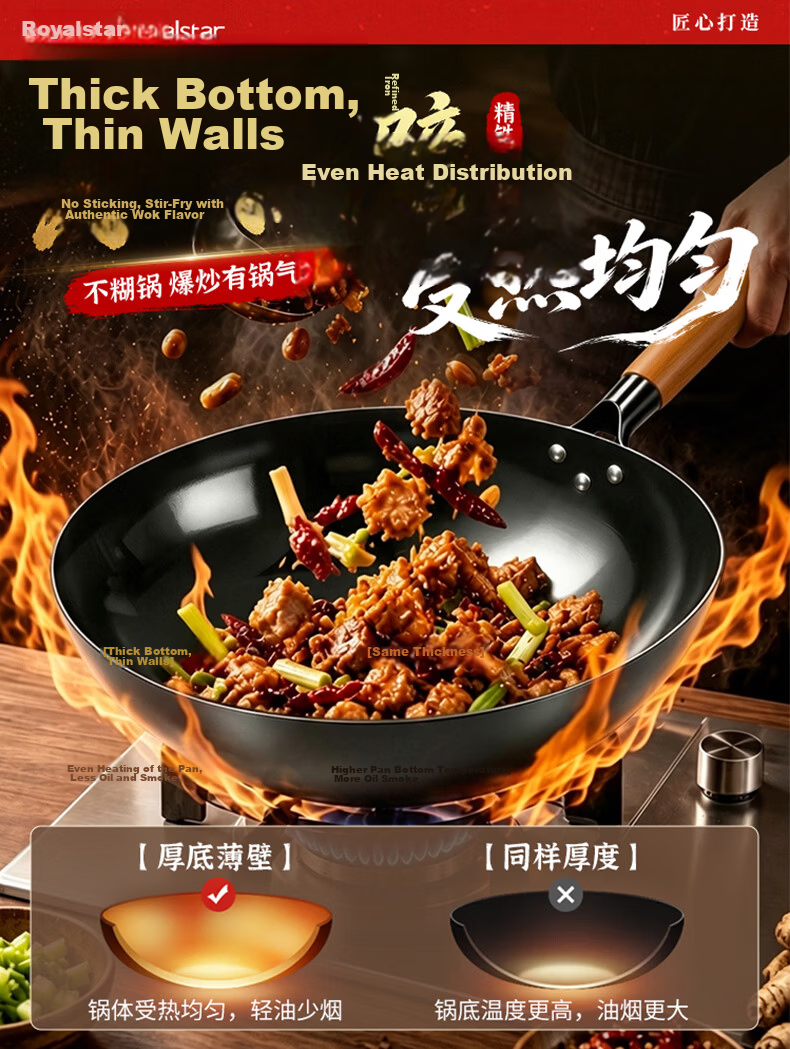 Royalstar Vintage Iron Wok Seasoned Non-Stick No Coating Household Stir-Fry Pan Cast Iron Stove Compatible 8