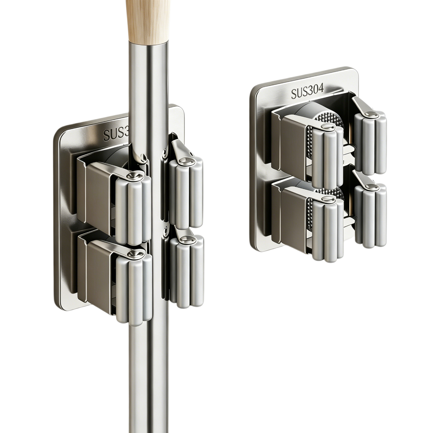 Xinpei 304 Stainless Steel Heavy-Duty Mop Hook, No Drilling Required, Double Roller Bathroom Storage Rack, Broom Holder