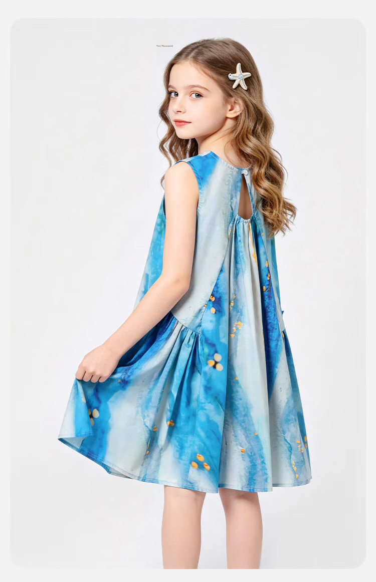 Disney Girls' Summer Tie-Dye Sleeveless Ruched Vacation Beach Dress, Blue, Size 120 12