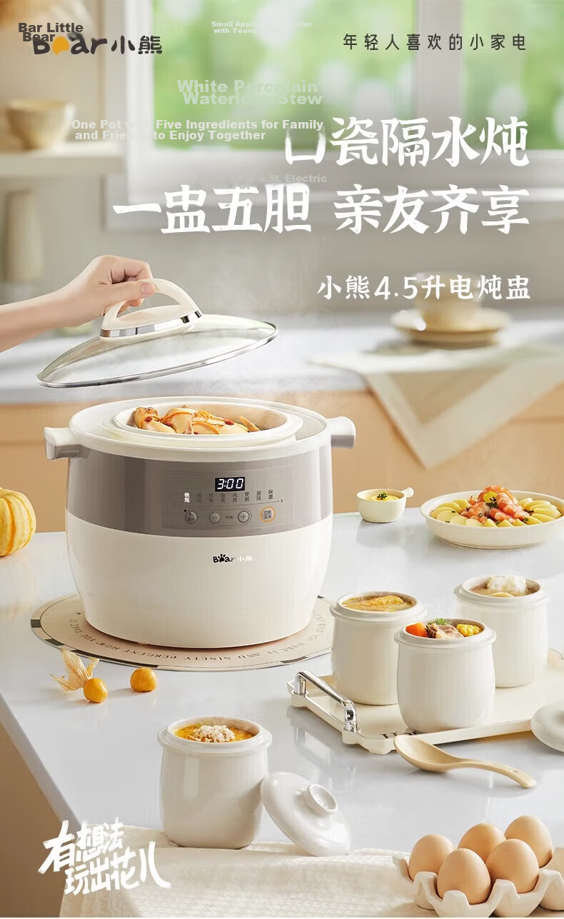 Bear Electric Ceramic Slow Cooker Large Capacity 3-5 People Stew Pot Soup Cooker White Porcelain Electric Stew Pot 6