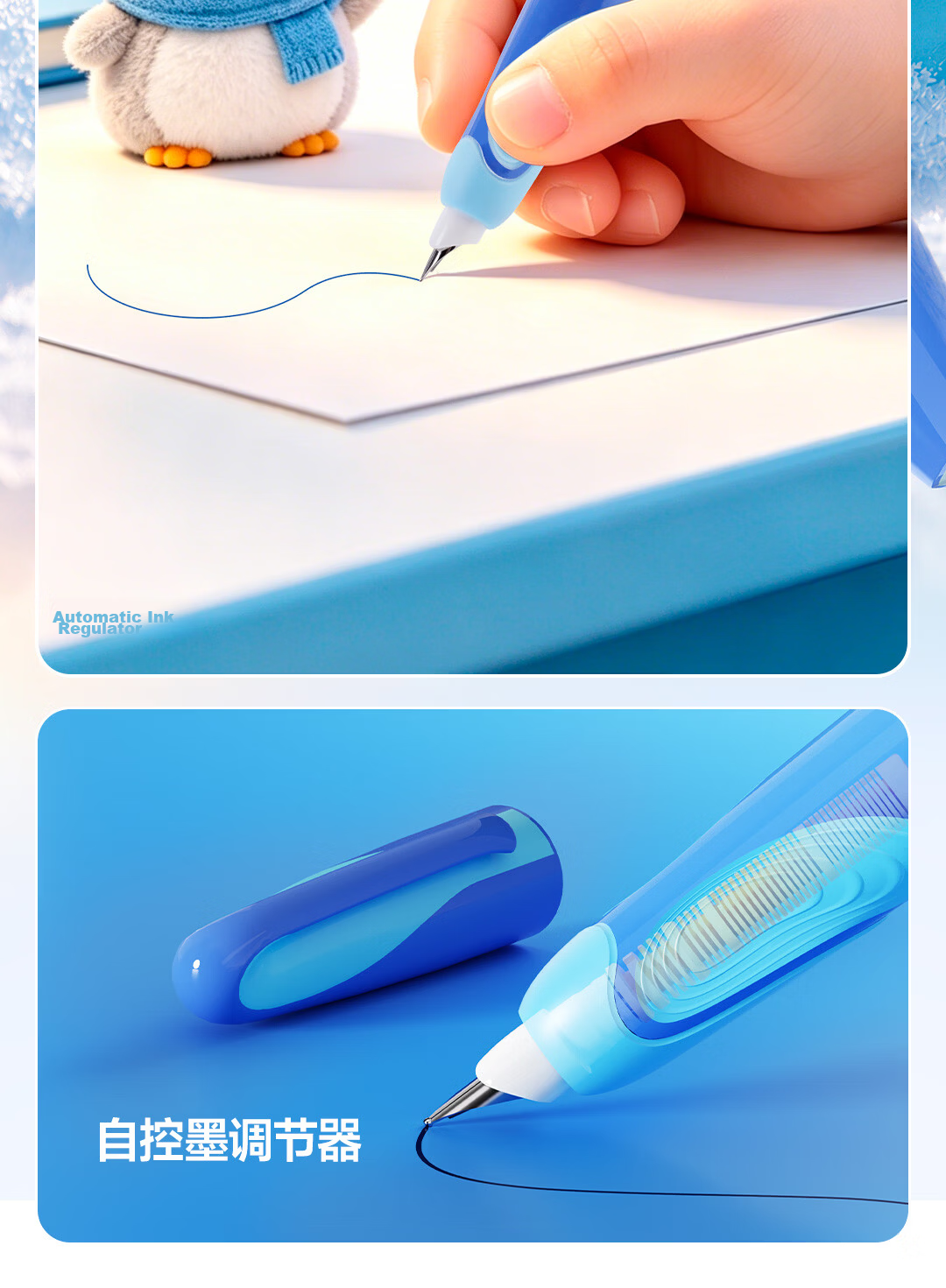 Dianshi Deep Sea Capsule Little Penguin Posture Correction Fountain Pen for Primary School Children with Replaceable Ink Cartridge, Calligraphy Practice Pen EF Fine Nib 789 Pink Long Barrel, Magic Era 17