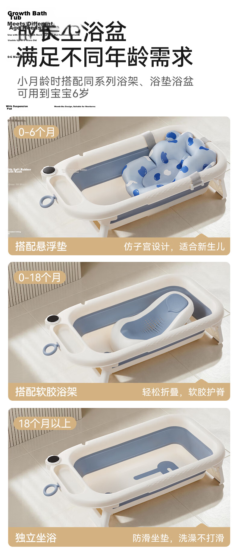 October Crystals Baby Bath Tub Newborn Large Foldable Wireless Digital Display Bath Tub with Bath Rack Haze Blue 12
