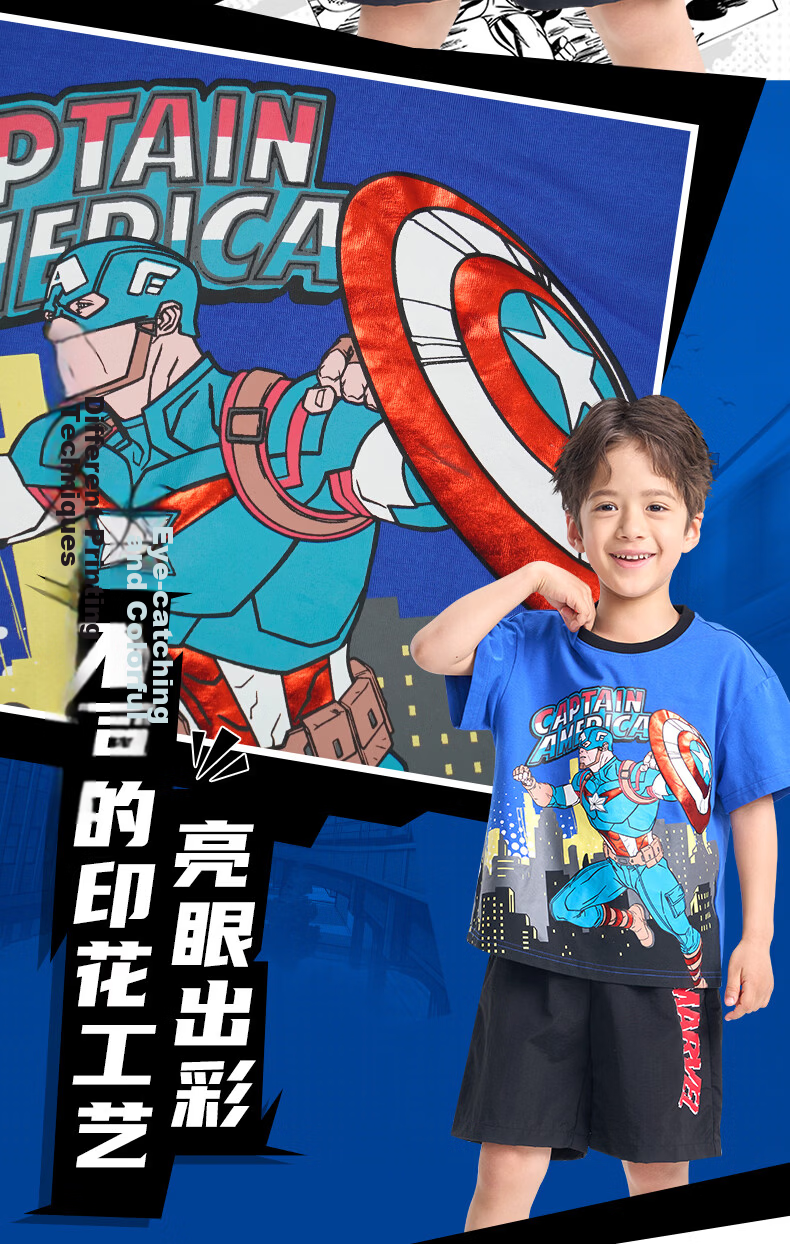 Disney 2026 New Marvel Captain America Summer Short Sleeve T-Shirt and Shorts Breathable Cool Thin Set 140CM 3