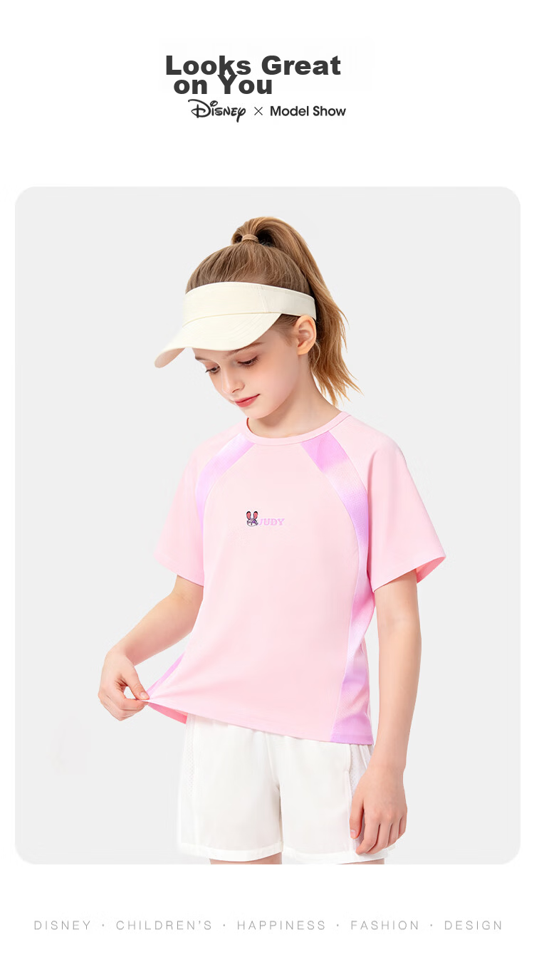 Disney Girls Short Sleeve 2026 Summer New Children's Sports T-Shirt Girls Ice Silk Color Block Quick-Dry Top White 160 14