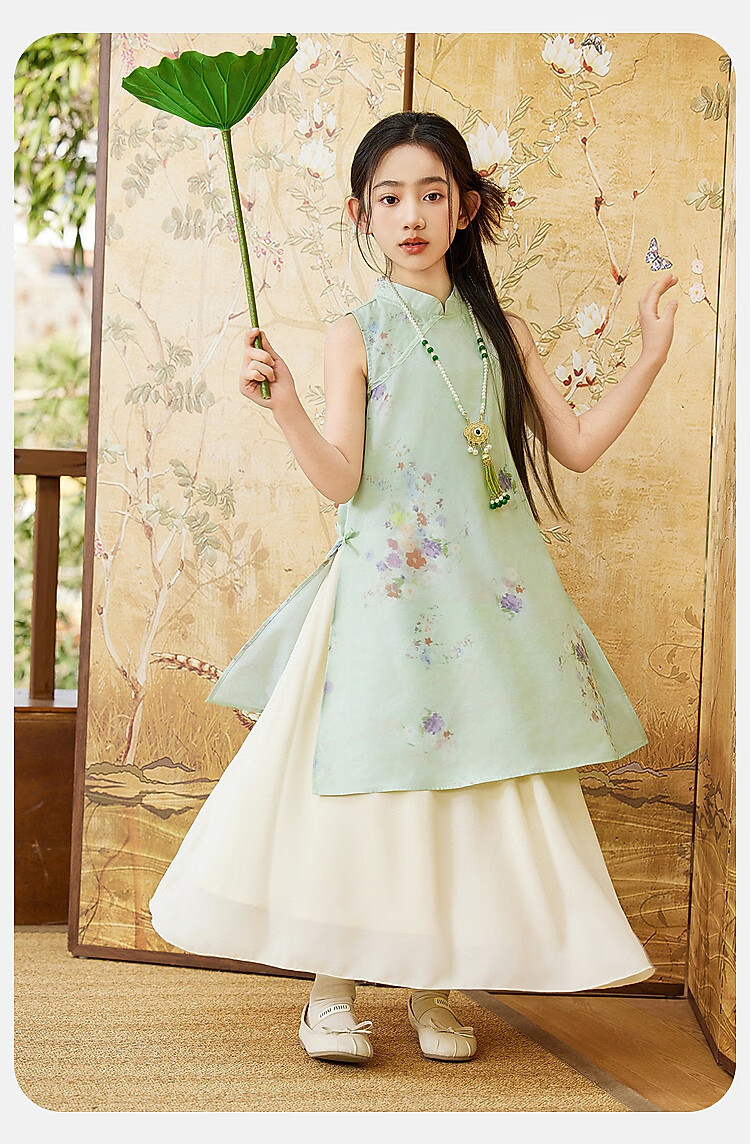 ASK JUNIOR Chinese Style New Summer Girls' Vest Dress and Ma Mian Skirt Two-Piece Set 15