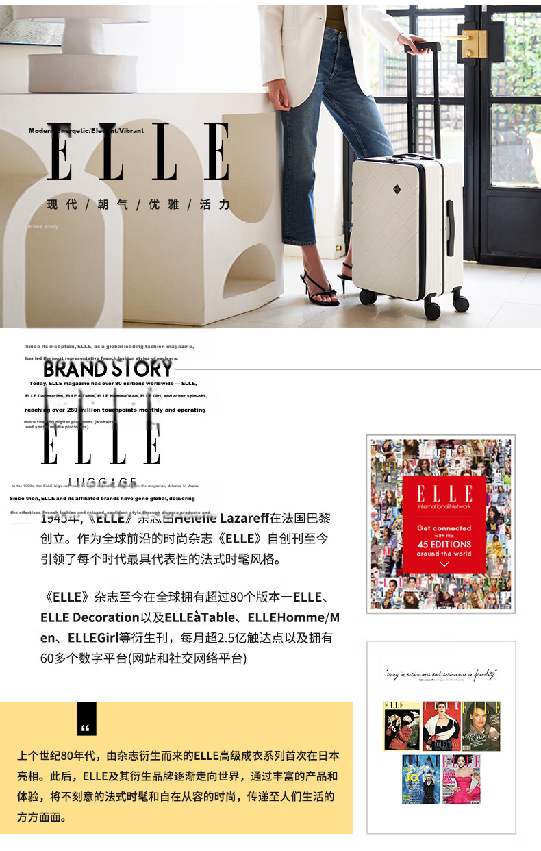 ELLE French Fashion Colorblock Luggage Suitcase Scratch-Resistant Carry-On White Purple 22 Inch 18