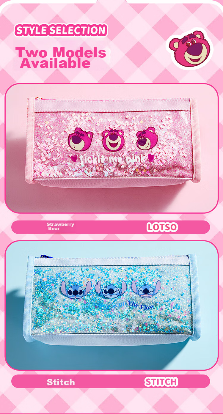 Disney Elementary School Pencil Case Large Capacity Handheld Stationery Bag High-Value Pencil Pouch Sand Flow Stationery Box Middle School Girls Study Supplies Storage Bag Graduation Gift 4