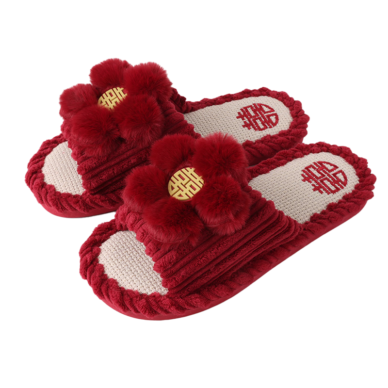 FOOTOPPO Couples Wedding Linen Red Slippers New Bridal Red Shoes Women's Summer Bright Red Pure Linen Soft Sole Slippers Men