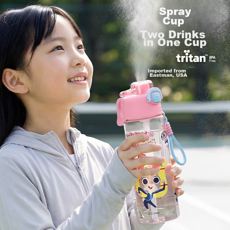 Disney Kids Spray Water Bottle with Straw High-Quality Plastic Cup Summer Boys Girls Elementary School 6-12 Years Spray Bottle