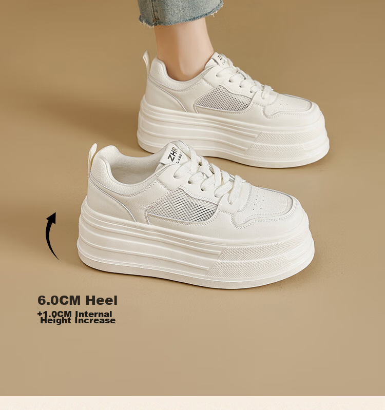 ZHR Women's White Sneakers 2026 New Breathable Mesh Thick Sole 7CM Height Increase Casual Shoes AL32E Off-White Size 36 5