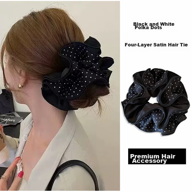 YeFeiLi Black and White Polka Dot Four-Layer Satin Large Scrunchie High-End Hair Accessory Bun Ponytail Hair Tie Elastic Band 1