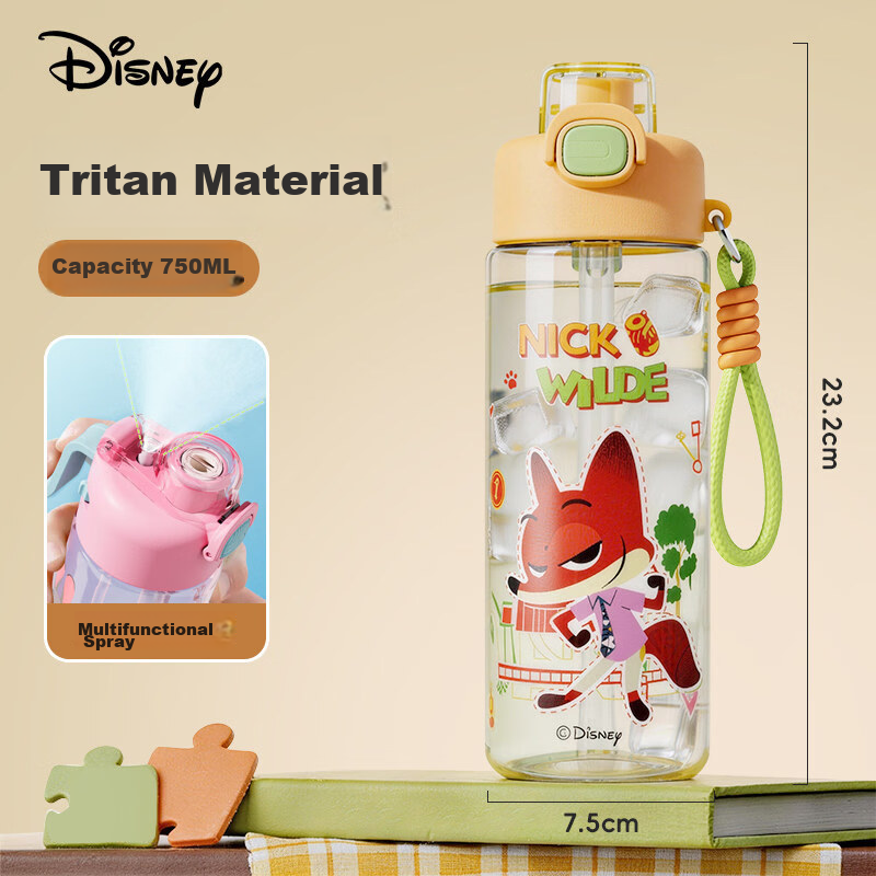 Disney Kids Spray Water Bottle with Straw High-Quality Plastic Cup Summer Boys Girls Elementary School 6-12 Years Spray Bottle