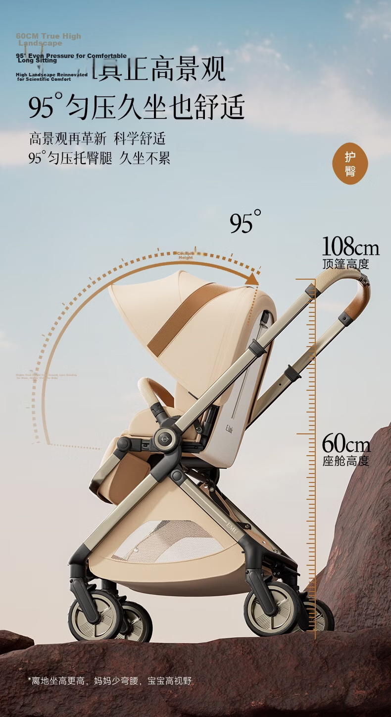 Elittile Baby Stroller 0-3 Years Foldable Reclining Shock Absorption High Landscape EMU Pro Max Golden Amber 32