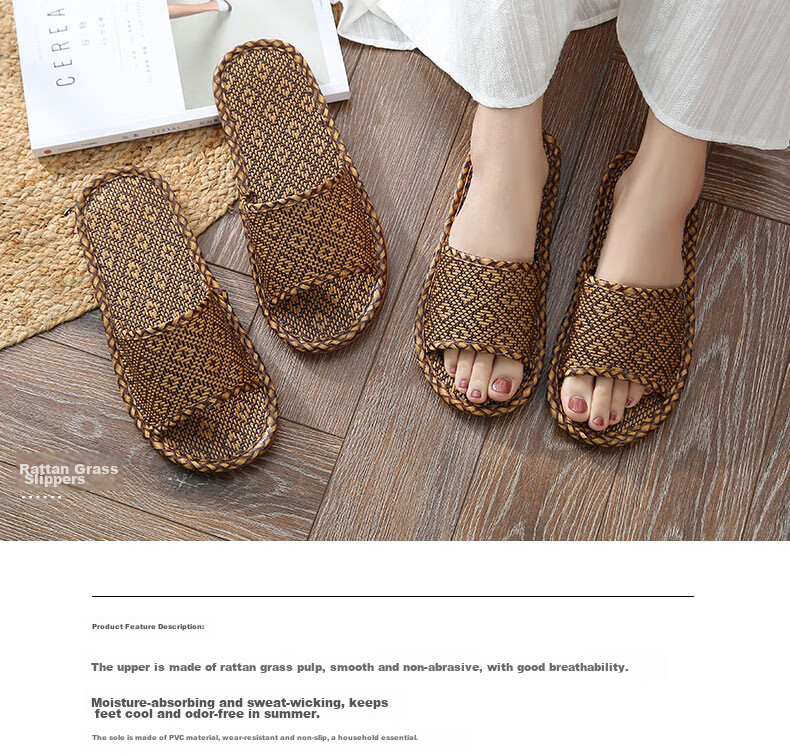 GUOLUOFEI Woven Unisex Summer Slippers Bamboo Floor Soft Sole Non-Slip Men's New Bamboo Sole Size 38-39 1