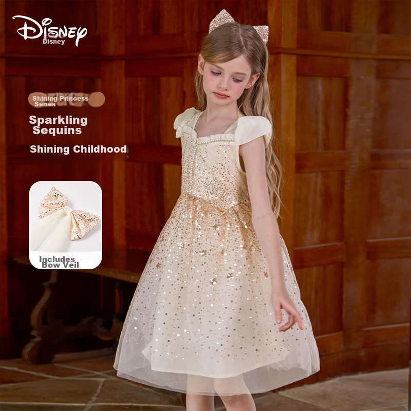 Disney Girls Princess Dress Children's Puffy Dress 2026 Summer New Sequin Short Sleeve Tulle Birthday Party Dress