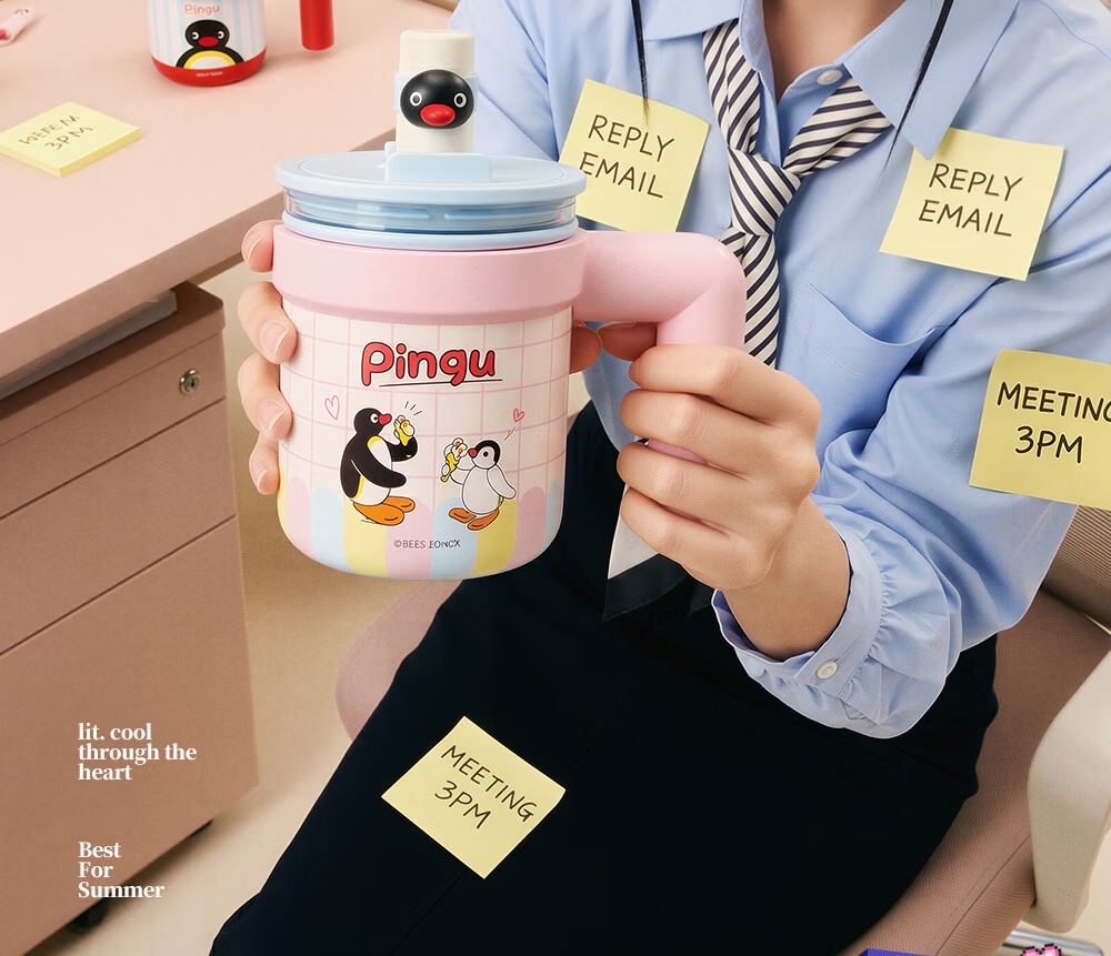 Germ Pingu Penguin Glass Liner Insulated Straw Water Bottle for Women High-Value Coffee Cup Double-Liner 490ML Cone Design 2
