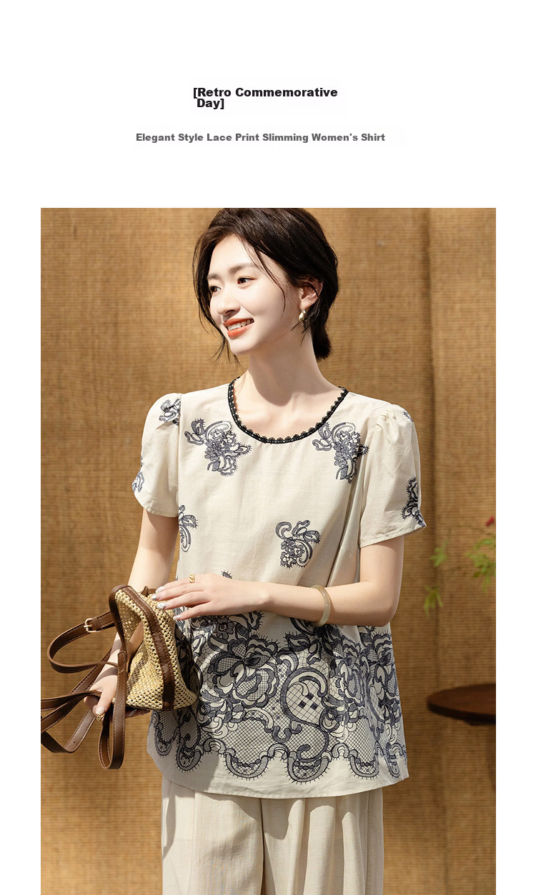 Demana [Oxygen Pure Cotton] Summer Elegant Style Round Neck Lace Printed A-Line Slimming Concealing Shirt for Women Premium Feel 4
