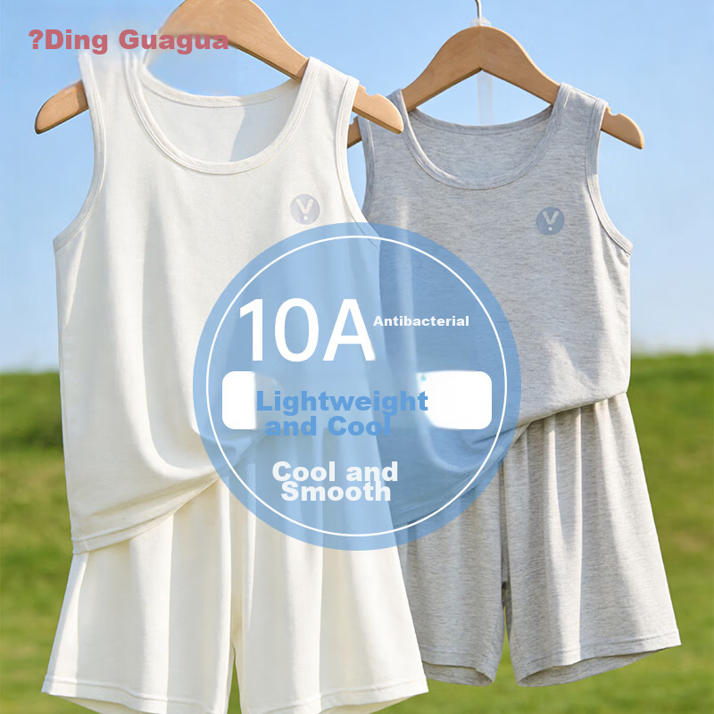 Dingguagua Kids Summer Thin Ice Silk Sleeveless Pajamas Boys Girls Air Conditioning Shorts Set Homewear