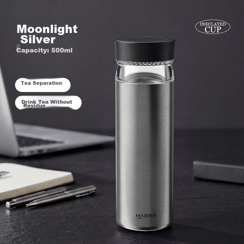 HAERS Insulated Water Bottle Men Tea Separation Water Cup Women Office Business Coffee Mug Stainless Steel Cup Moon Silver 500ml