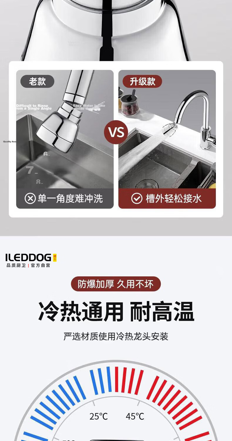 ILEDDOG [Seiko] Kitchen Faucet All-Copper Long Extension Booster Aerator Three-Mode Splash-Proof V-Shaped Nozzle 9